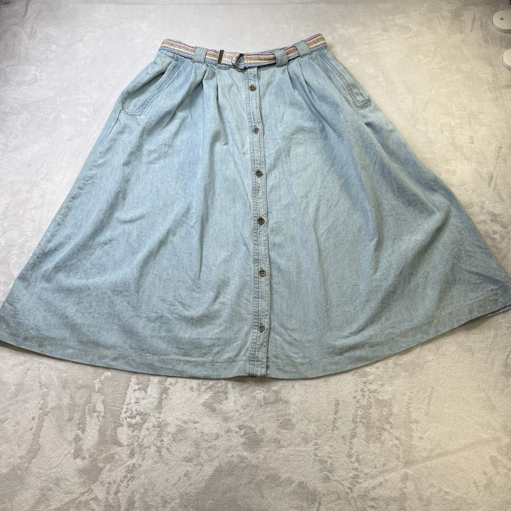 Vintage Palmetto's Chambray Skirt‎ Rainbow Belt Button Front 80s